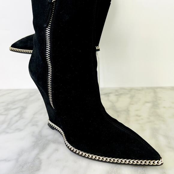 Giuseppe Zanotti Wedge Point Toe Ankle Boot Black Suede 39.5 Chain Detail w/box - Picture 2 of 10